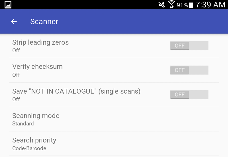 Scanner settings: leading zeros, checksum, storing unknown barcodes, scanning mode and search priority.