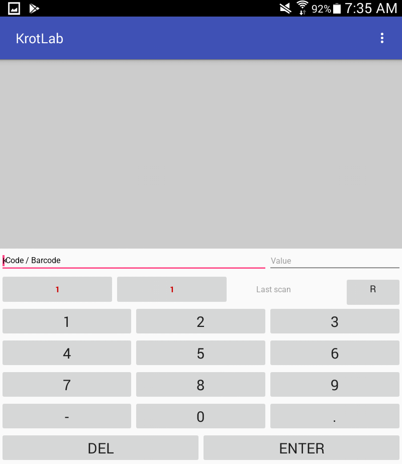 The working screen: code or barcode, quantity, the rack and shelf buttons, and the keypad.