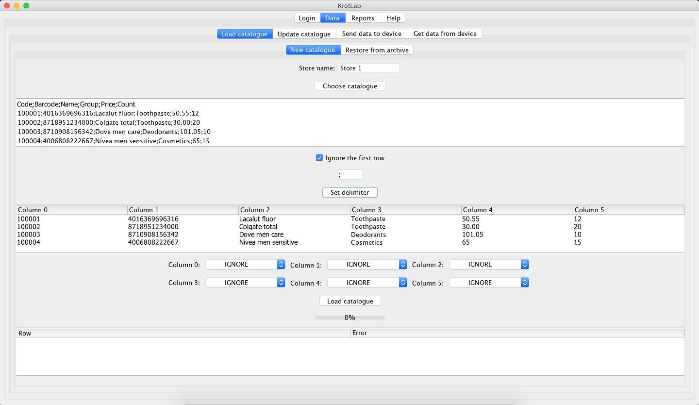 Loading a catalogue: the first rows of your file, the delimiter, and one dropdown per column to say what that column holds.