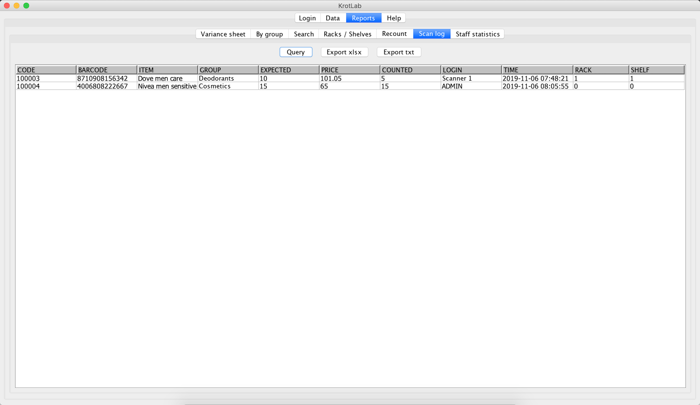 Scan log — every change, with the user, the time, and the rack and shelf. The ADMIN line sits on 0 / 0 because it was typed at the desk.