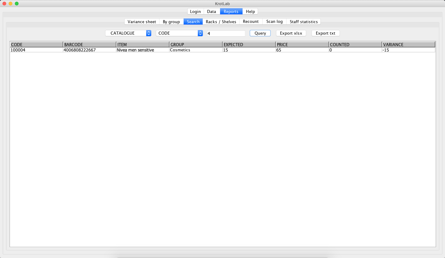 Search across the catalogue or the count, by code, barcode or name.